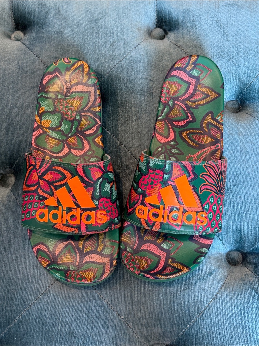 adidas Kids Green Floral Slides with Bright Orange Logo